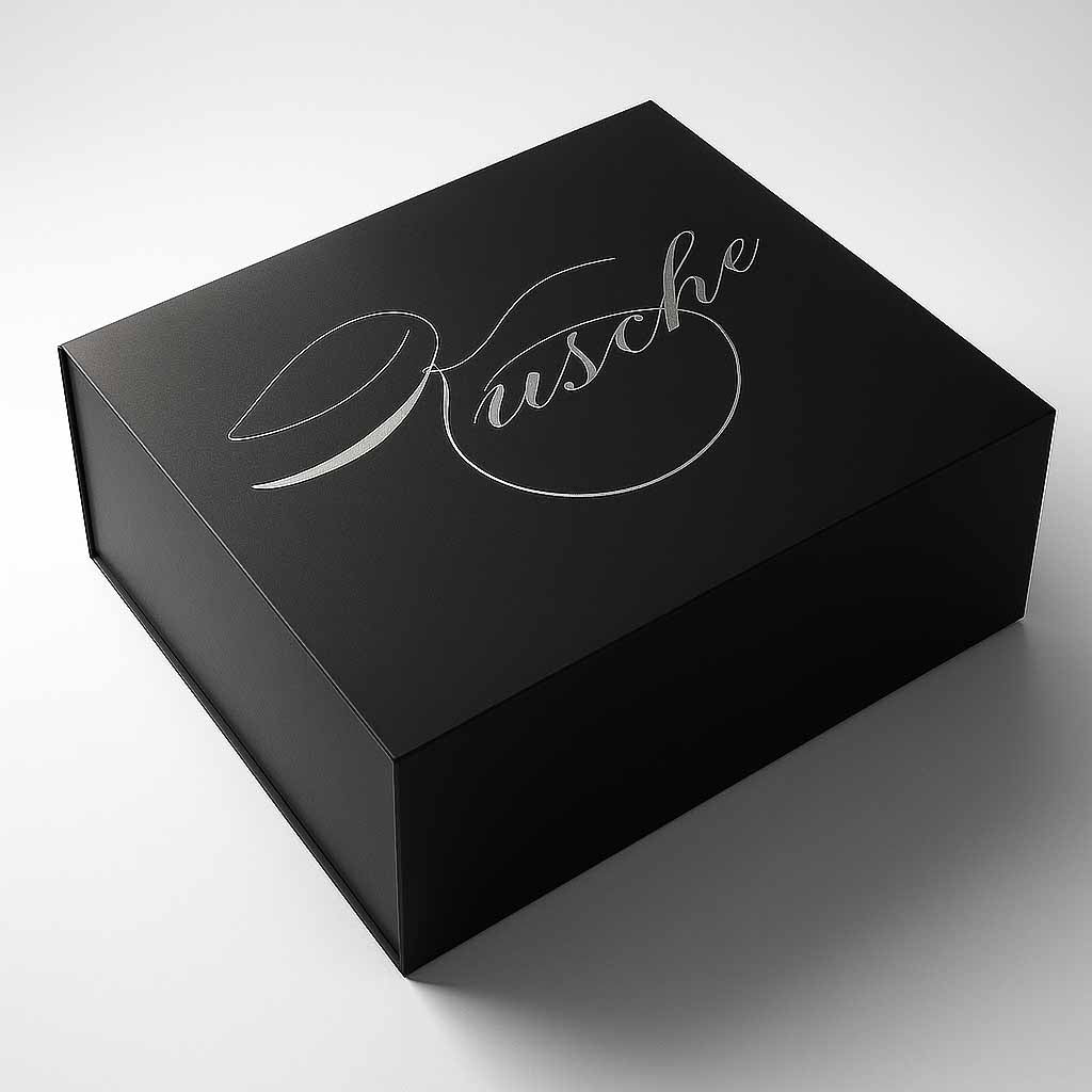 Premium Gift Box, Black with Silver foil Kvsche logo on white background 