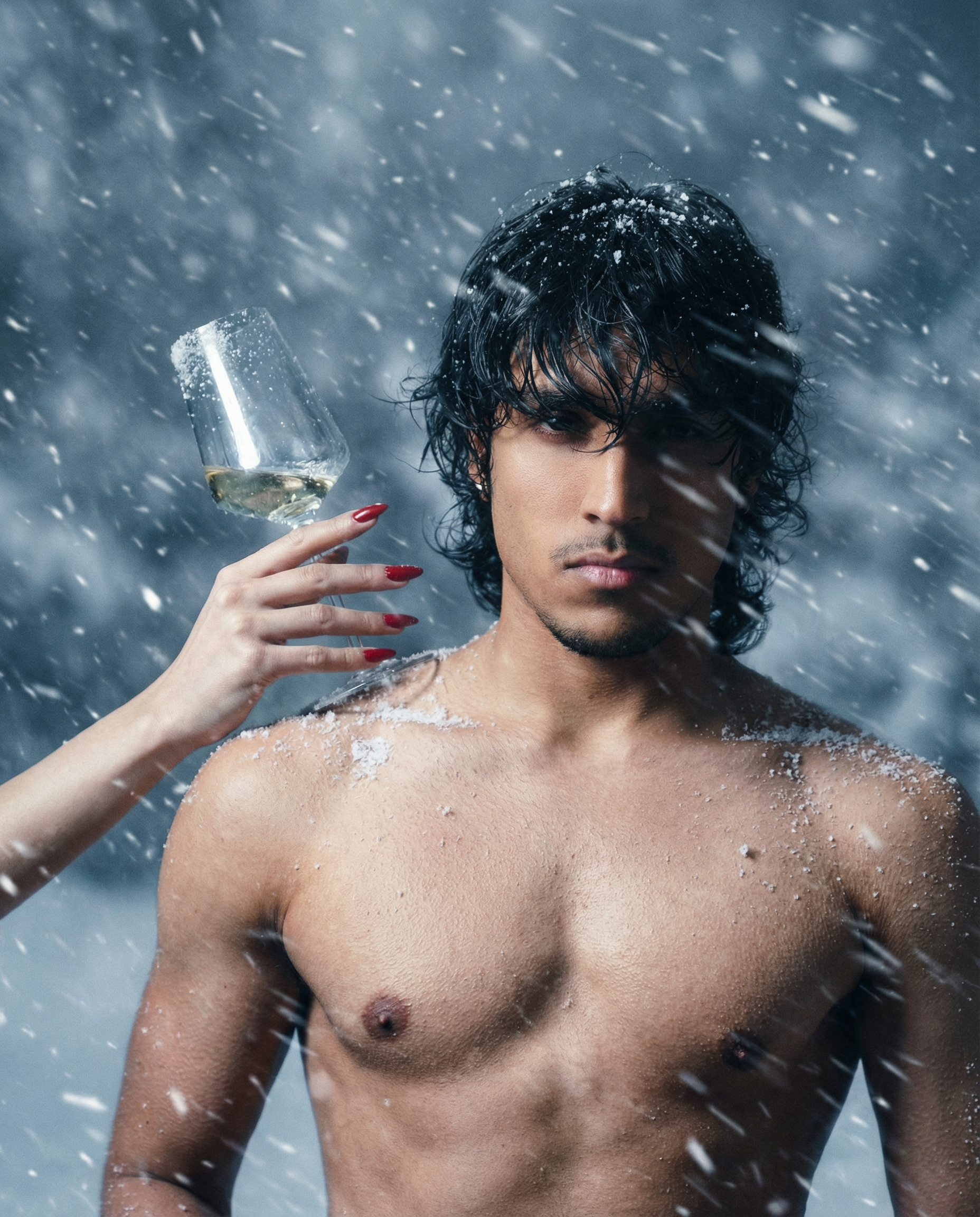 A shirtless man stands in a snowstorm with wet hair and snow on his skin, staring intensely at the camera while a woman’s hand with red nails holds a wine glass by the base near his shoulder. White Wine glass on shoulder with elegant style 